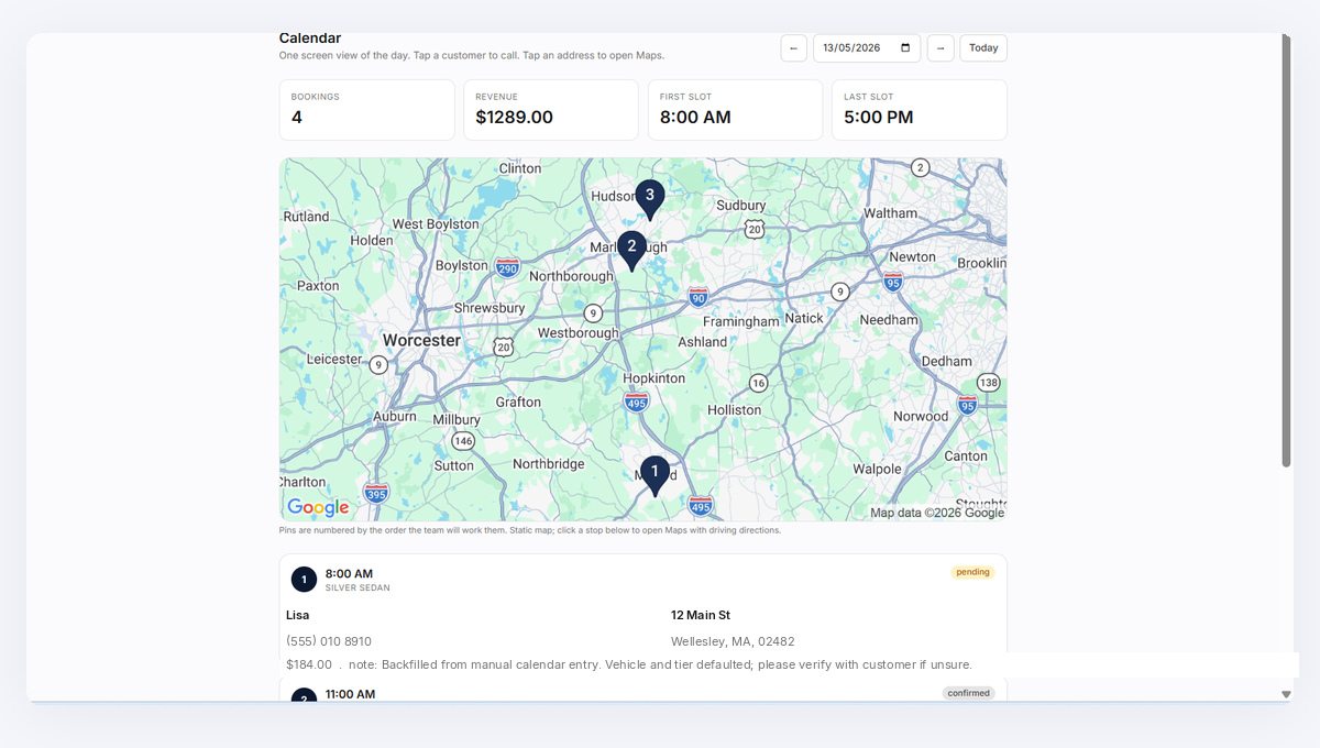 Pilot calendar view — the day on a map, four bookings clustered across MetroWest, $1,289 of revenue routed before the team leaves the garage.