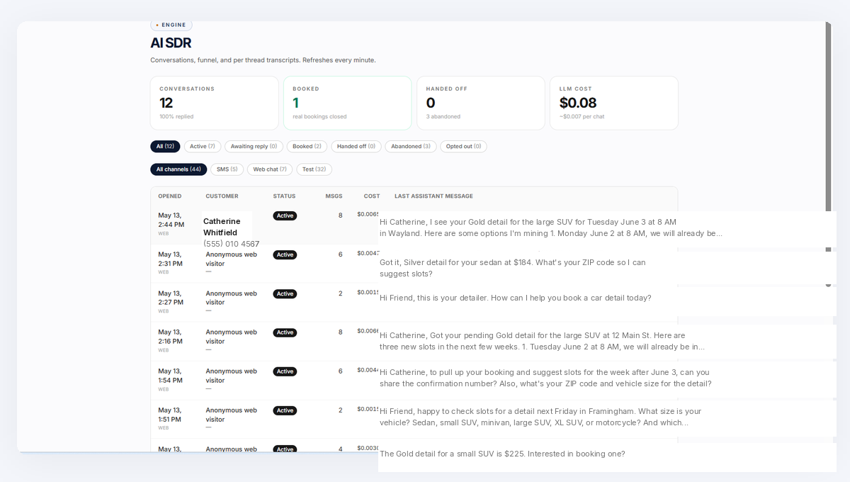 Live AI conversations with prospects on the pilot storefront — booking wizard answers, pricing quotes, and reschedules in plain English.