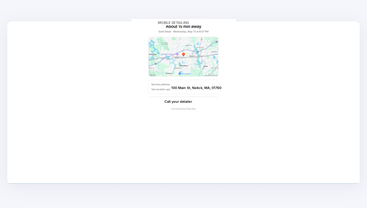 What the customer sees on service day — "About 15 min away," a live map of the van, the service address, one tap to call. No app, no login.
